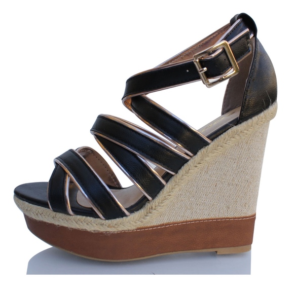 Shoes - Stat Black Open Toe Strappy Woven Espadrille Wedge